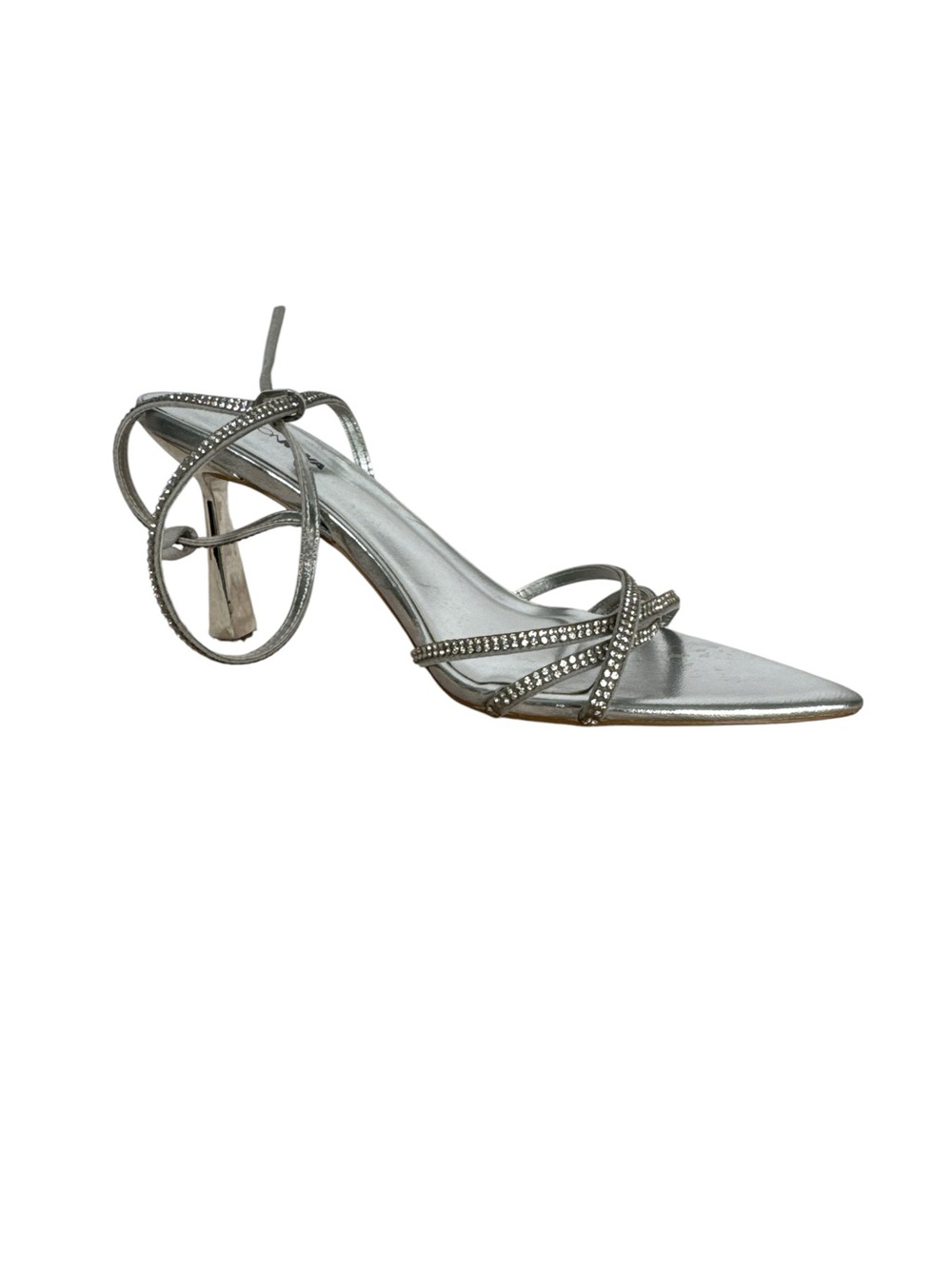 Fashion Nova Silver Rhinestone-Strap Pointed Toe Slingback Heels Size 10